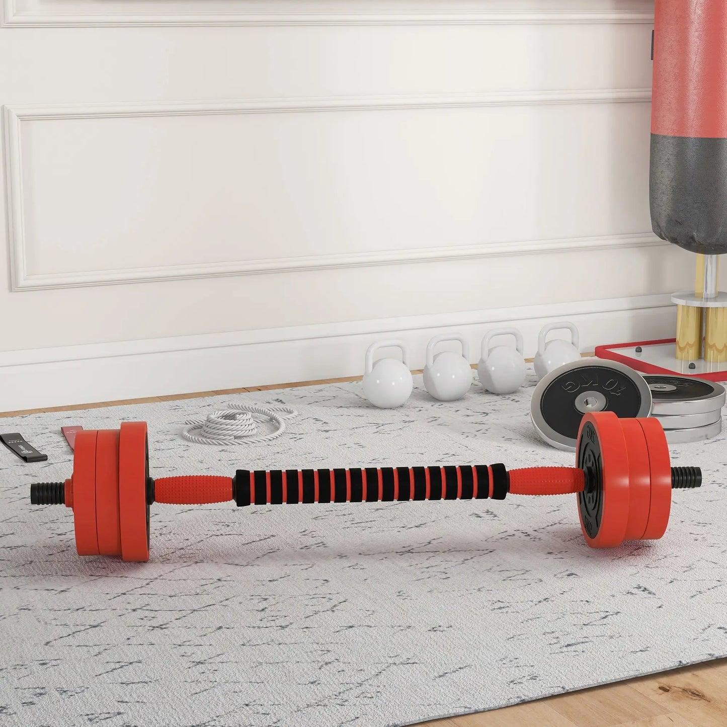 44lbs 4-in-1 Adjustable Dumbbell Set, Barbell, Kettlebell, Push Up Stand, Red Dumbbells & Barbells at Gallery Canada