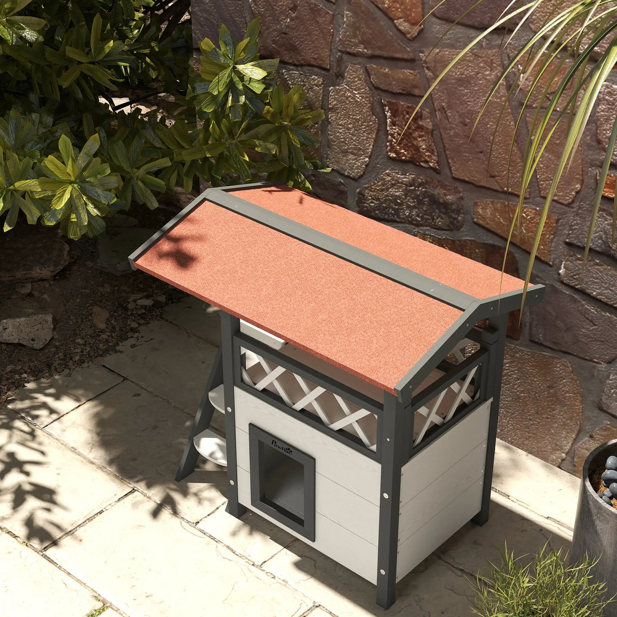 Wooden 2-Story Cat Shelter, Asphalt Roof, Stairs, Balcony, 30