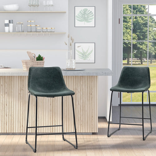Vintage PU Leather Bar Stools Set of 2, Kitchen Stool with Footrest, Green