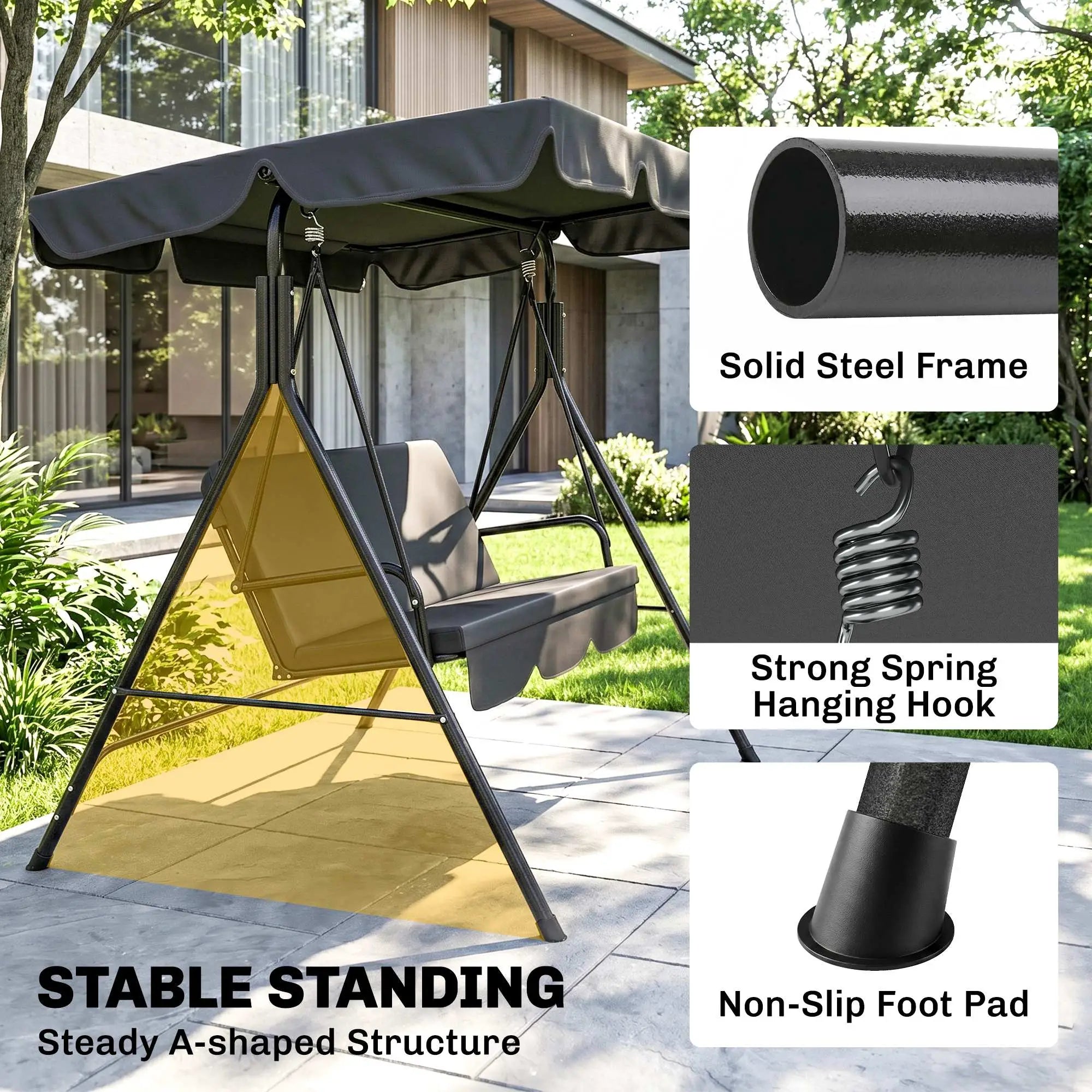 3-Seater Outdoor Porch Swing With Canopy, Black Patio Swings with Stand at Gallery Canada