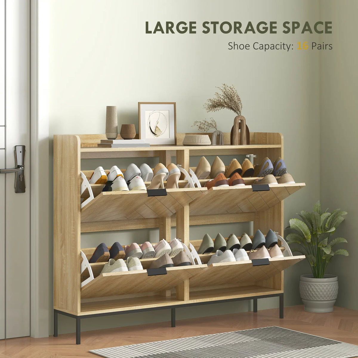 Narrow Shoe Storage Cabinet, 4 Flip Drawers, Holds 16 Pairs, Oak Shoe Storage Cabinets & Racks at Gallery Canada