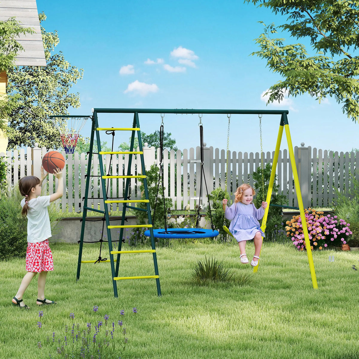 4 in 1 Swing Set, Saucer Swing, Seat, Ladder, Basketball Hoop, 3-8 Years, Yellow Gym Sets & Swings at Gallery Canada