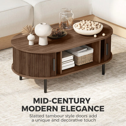 Coffee Table with Sliding Tambour Doors and Storage Center Table with Metal Legs, 39", Brown Coffee Tables at Gallery Canada