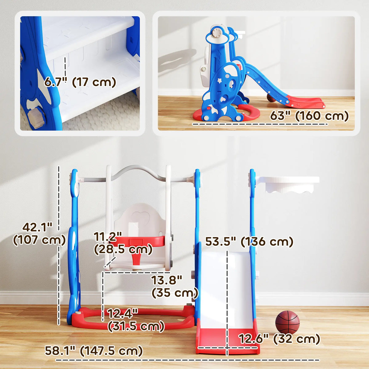 4-in-1 Slide, Swing Set, Basketball Hoop, Climber, Ages 1.5-4, Dark Blue Gym Sets & Swings at Gallery Canada