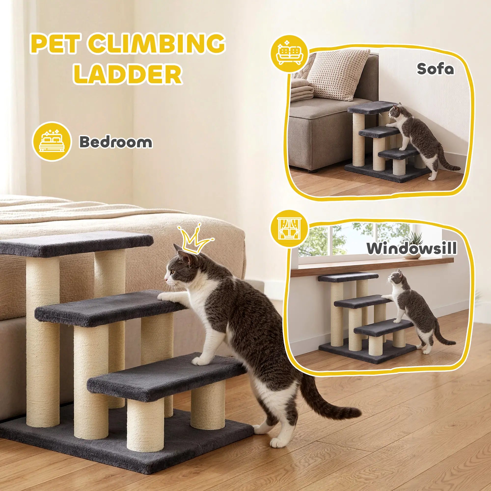 Cat Trees 3 Tier Pet Stairs, Dog Cat Steps Scratching Post, Dark Grey Dog Stairs at Gallery Canada