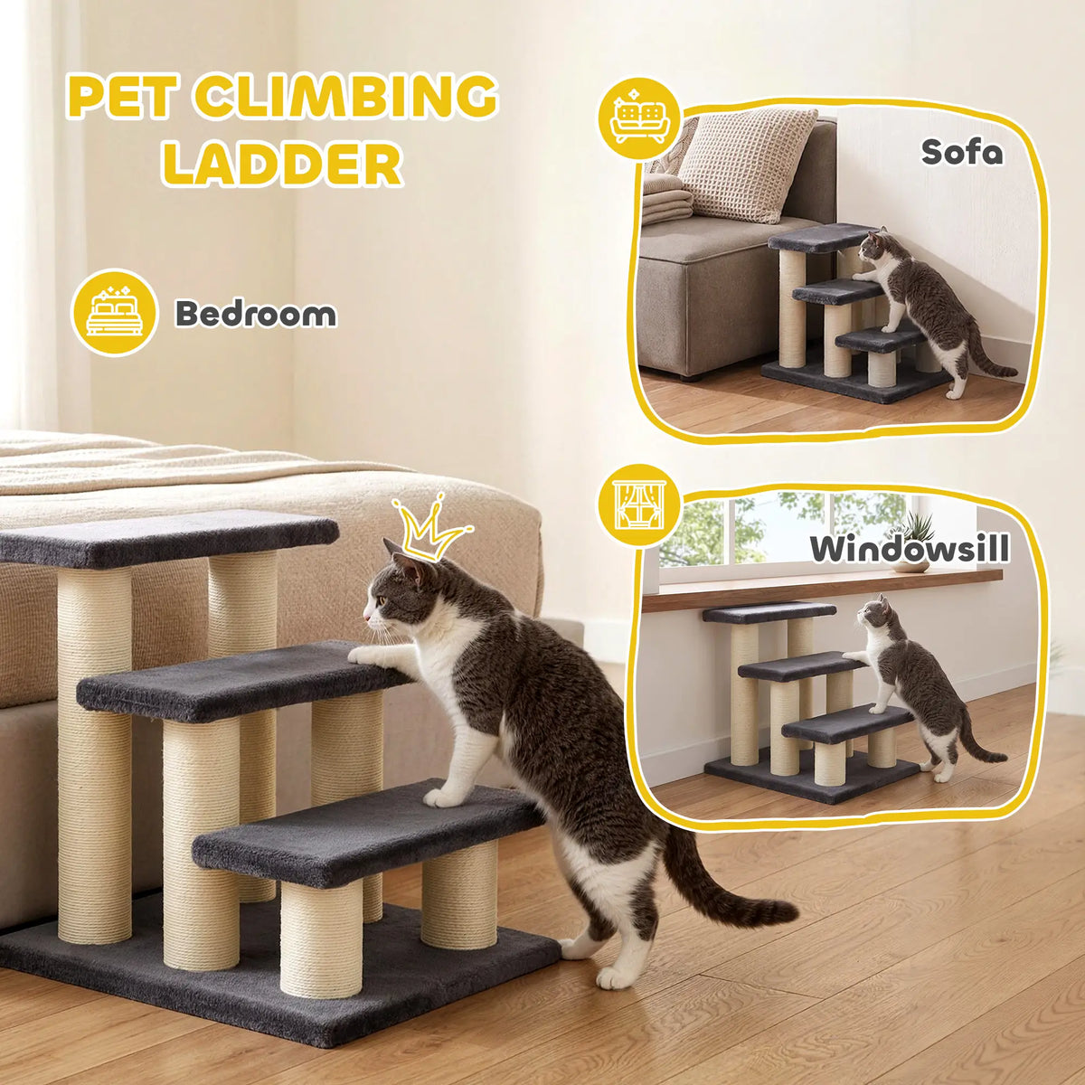 Cat Trees 3 Tier Pet Stairs, Dog Cat Steps Scratching Post, Dark Grey Dog Stairs at Gallery Canada
