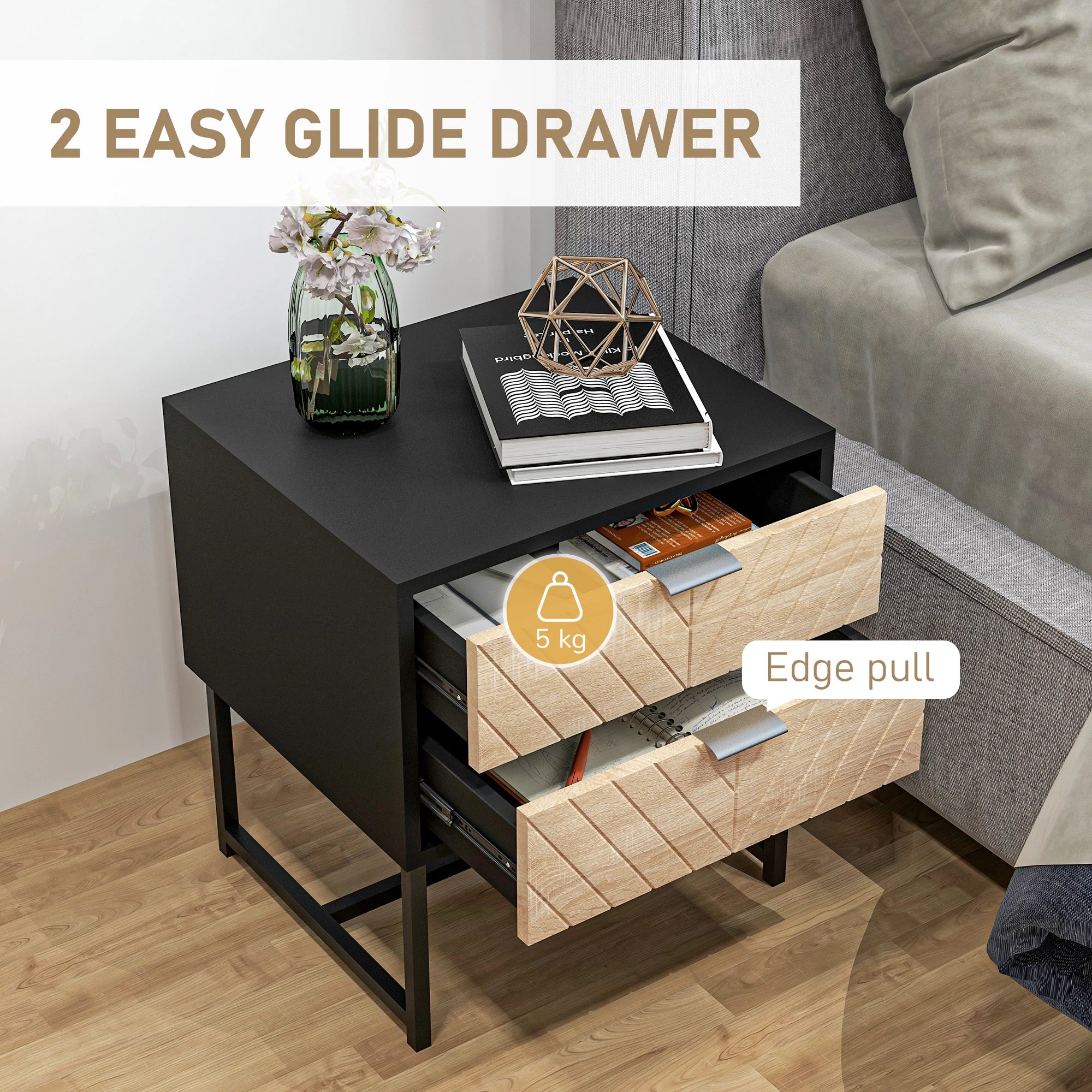 Modern Bedside Table, 2 Drawers, Steel Frame, Oak, Black Bedside Tables at Gallery Canada