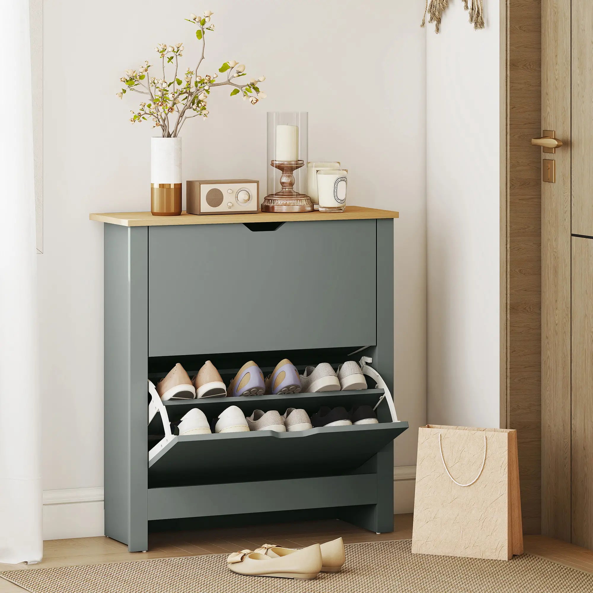 Shoe Storage Cabinet, 2 Flip Drawers, Adjustable Shelves, Light Grey Shoe Storage Cabinets & Racks at Gallery Canada