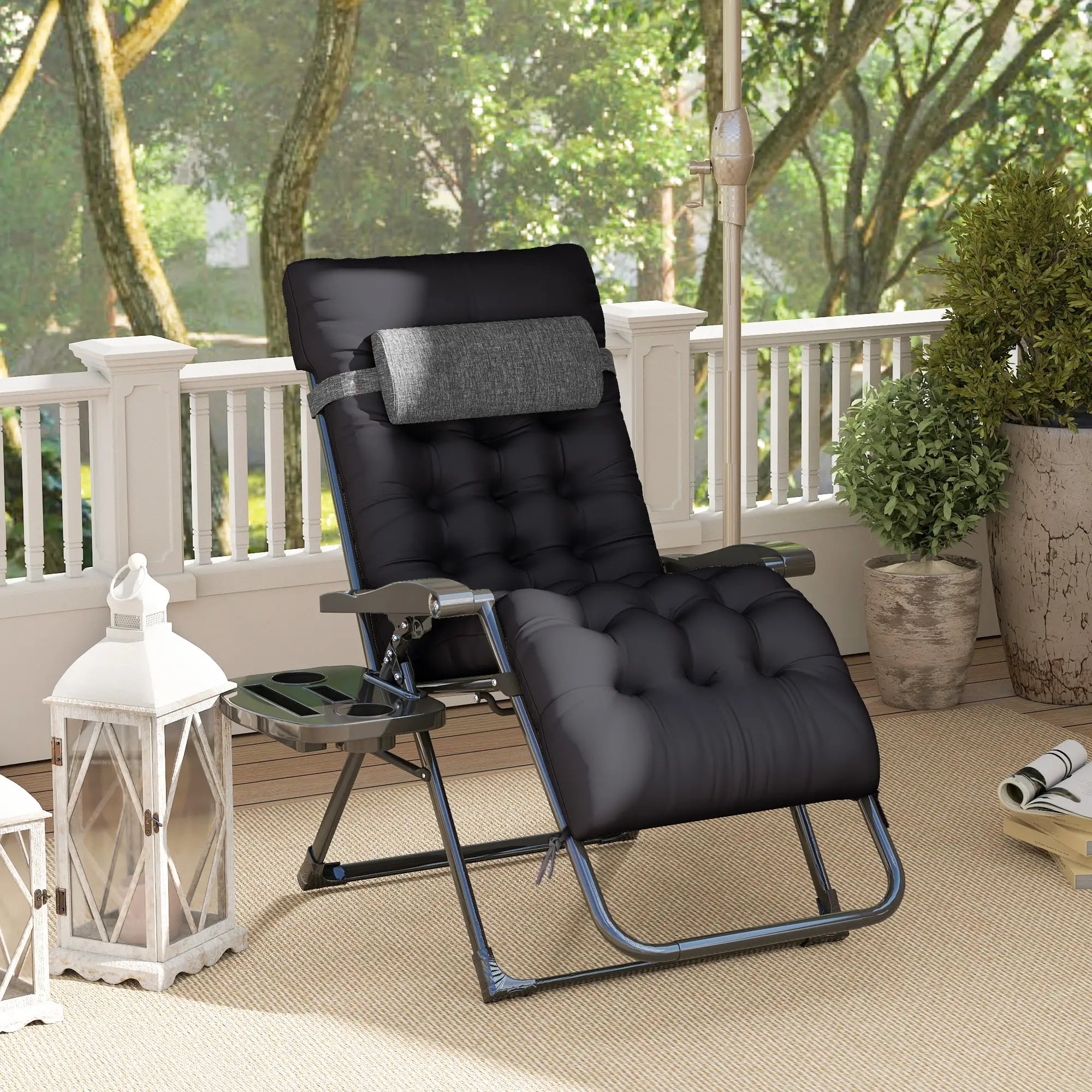 Padded Folding Recliner Chair, Adjustable Backrest, Removable Cushion, Black Lounger Chairs at Gallery Canada