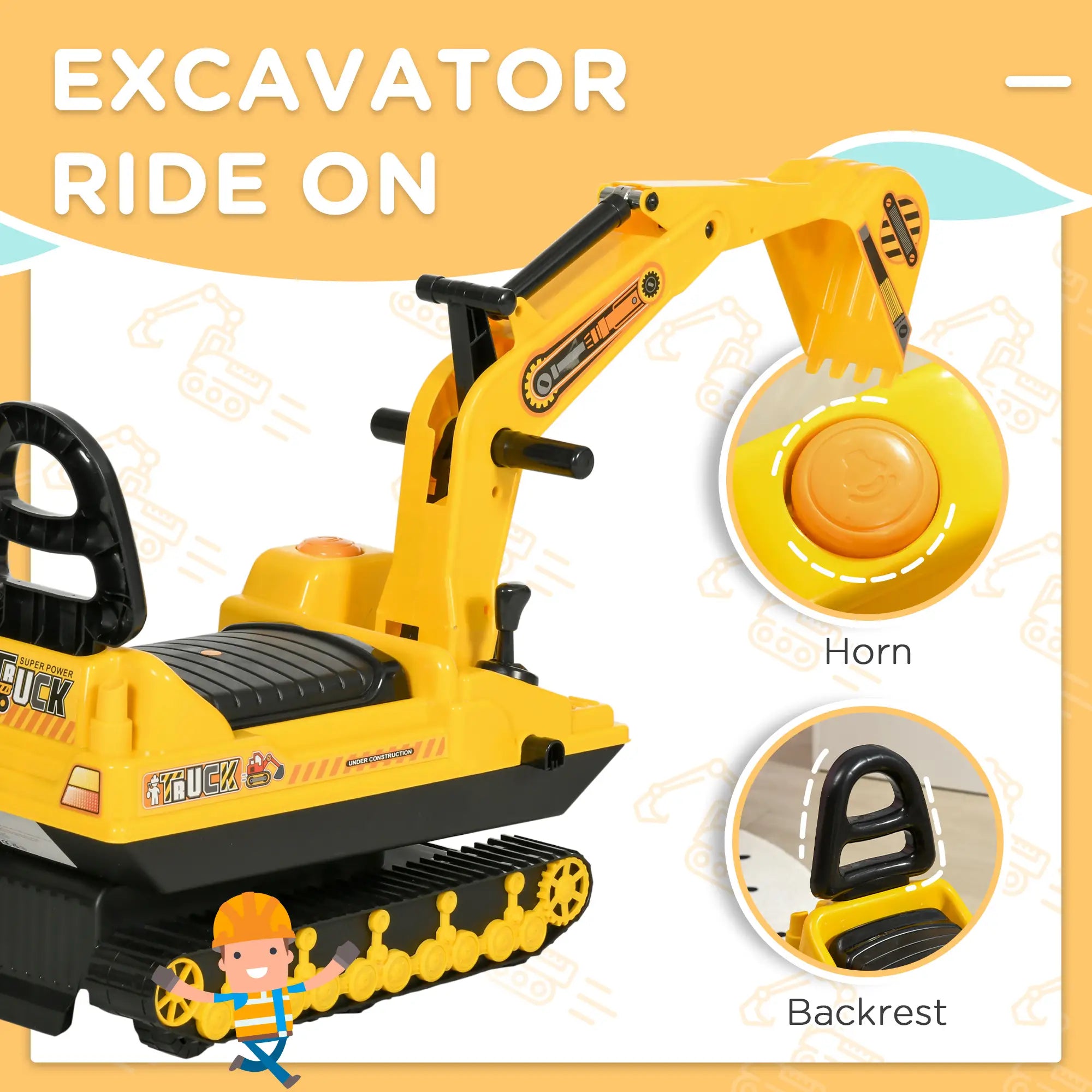 Kids Ride-On Excavator with Digger, Pretend Play Truck, Under Seat Storage Toy Excavators at Gallery Canada