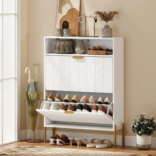 Modern Shoe Cabinet, 2 Flip Drawers, Adjustable Shelves, White