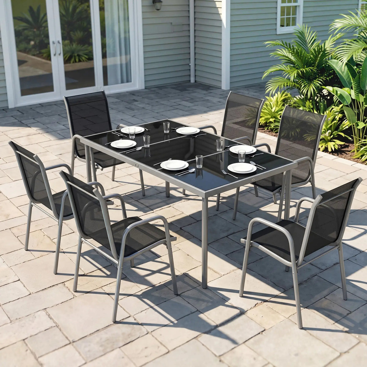 7 Piece Garden Dining Set With Rectangular Table & 6 Stackable Chairs Outdoor Dining Sets at Gallery Canada
