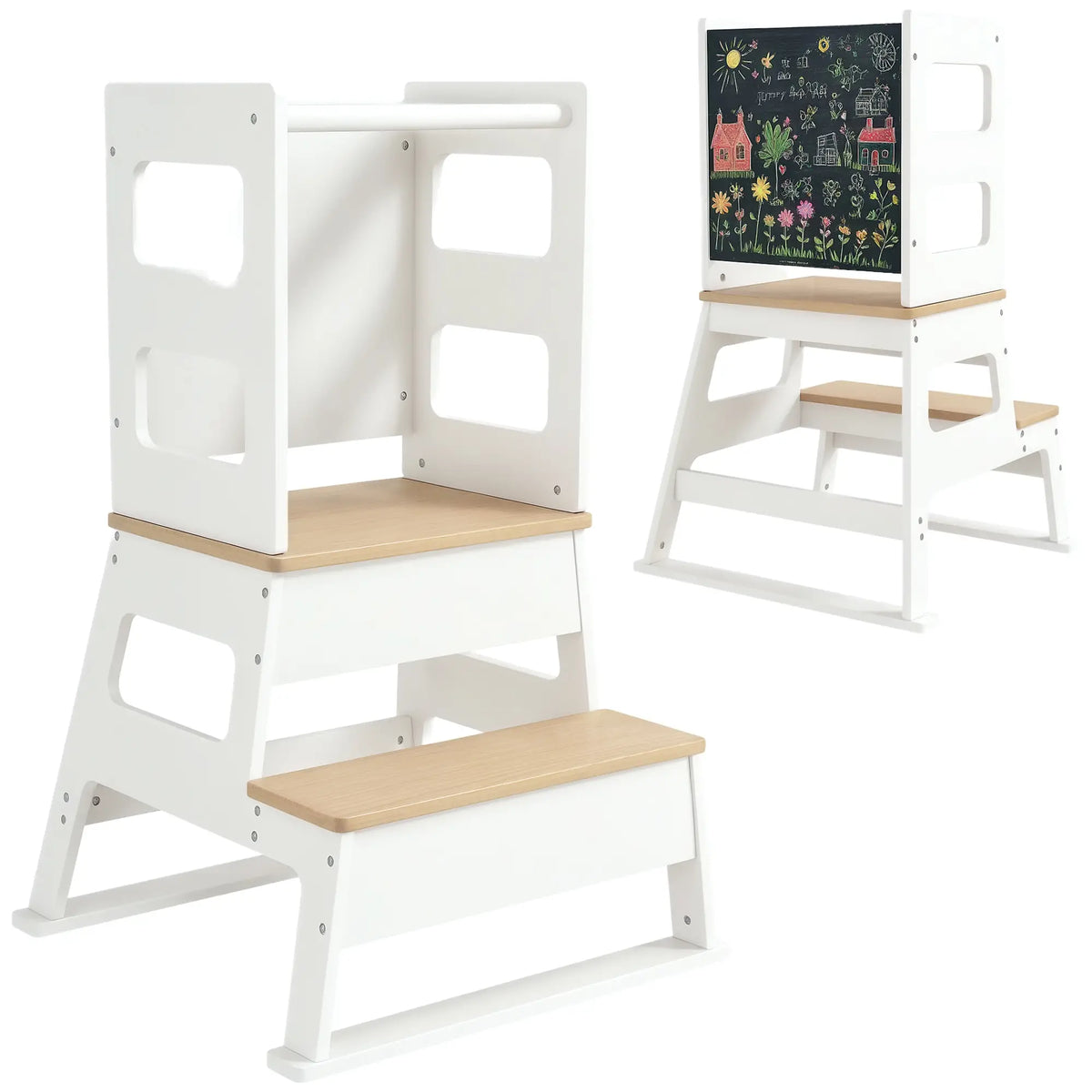 2 in 1 Toddler Tower with Chalkboard, Safety Rail, White Toddler & Kids Step Stools at Gallery Canada