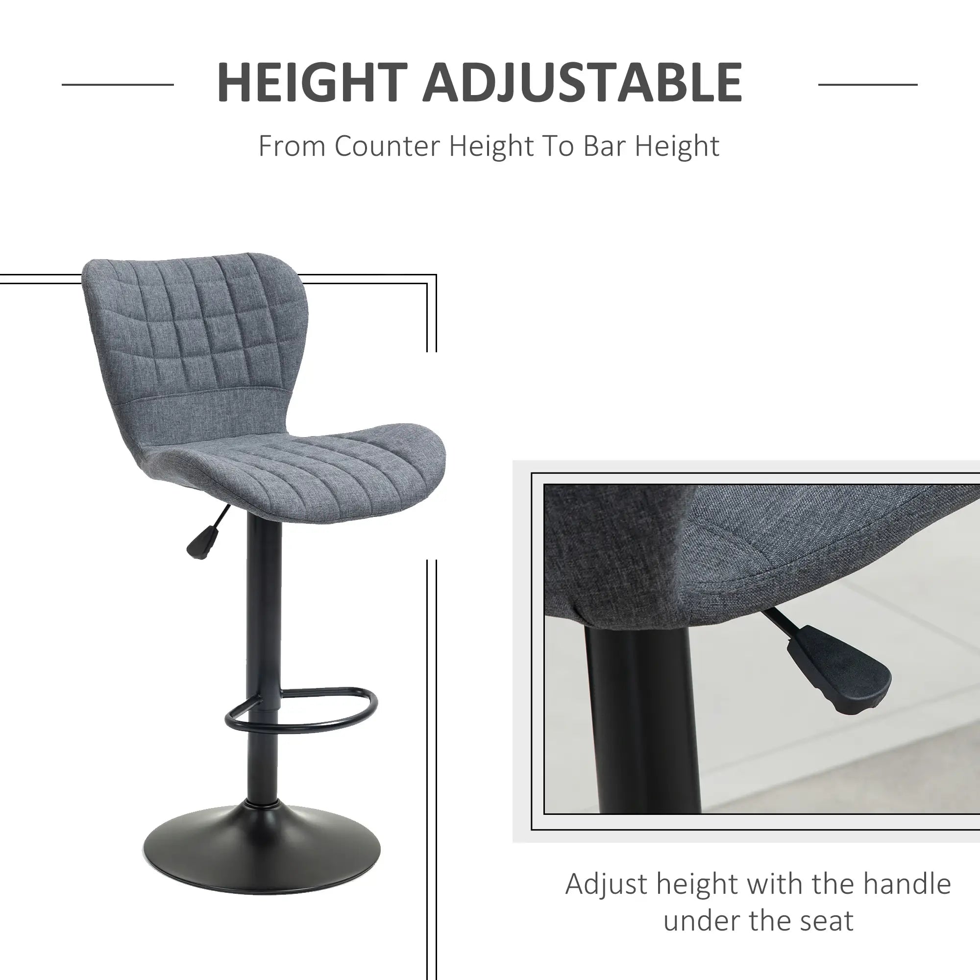 Adjustable Swivel Bar Stools Set of 2, Linen Fabric, Grey Bar Stools at Gallery Canada