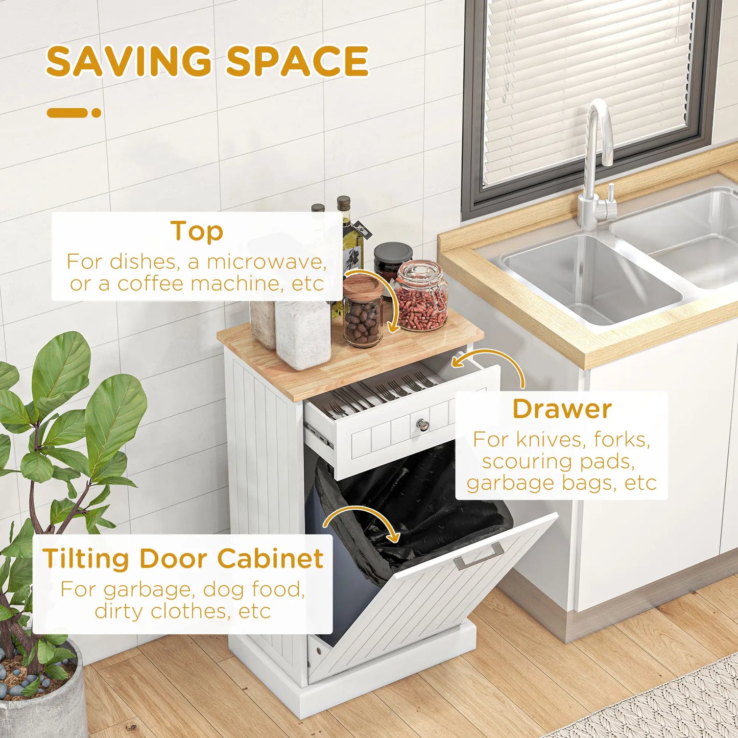 Kitchen Tilt Out Trash Bin Cabinet, Free Standing, White Storage Cabinets at Gallery Canada