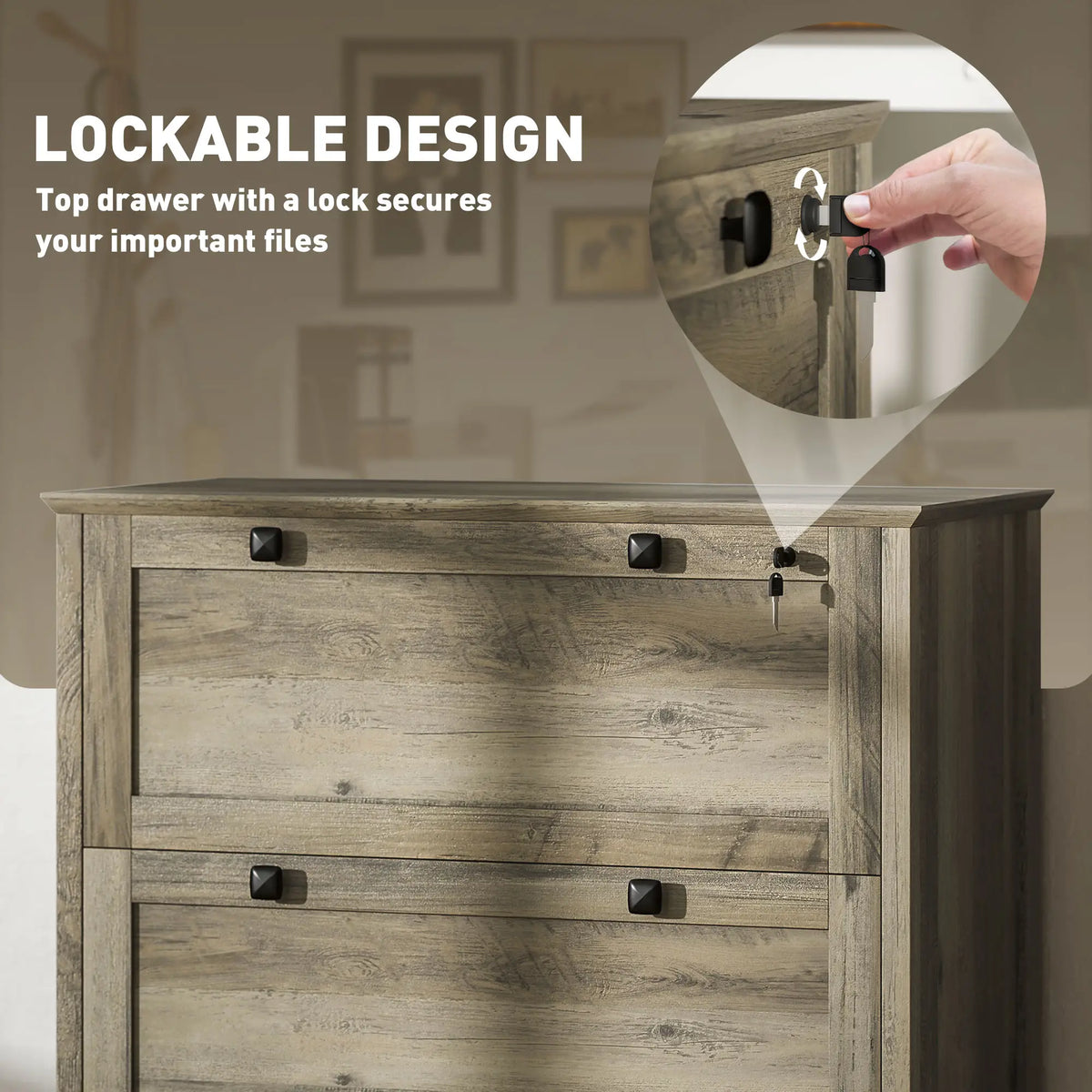 2 Drawer File Cabinet, Lockable, Adjustable Hanging Bar, Letter, A4 Size, Weathered Grey Oak Office Cabinets & Cupboards at Gallery Canada