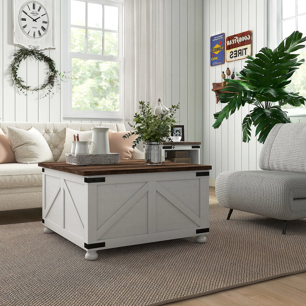 Lift Top Coffee Table, 32" Farmhouse with Hidden Compartment, Antique White, White Coffee Tables at Gallery Canada