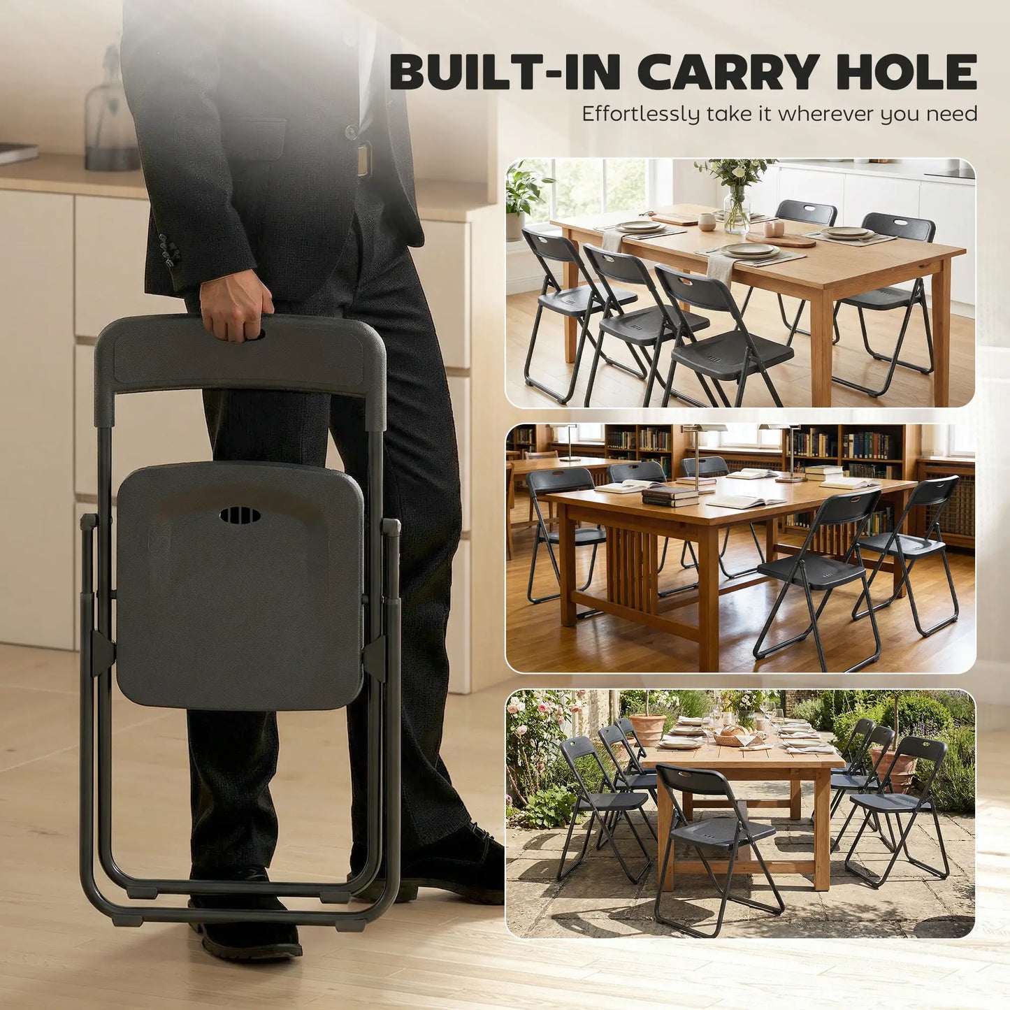 Folding Chairs 6 Pack, Black Plastic With Steel Frame, Black Dining Chairs at Gallery Canada