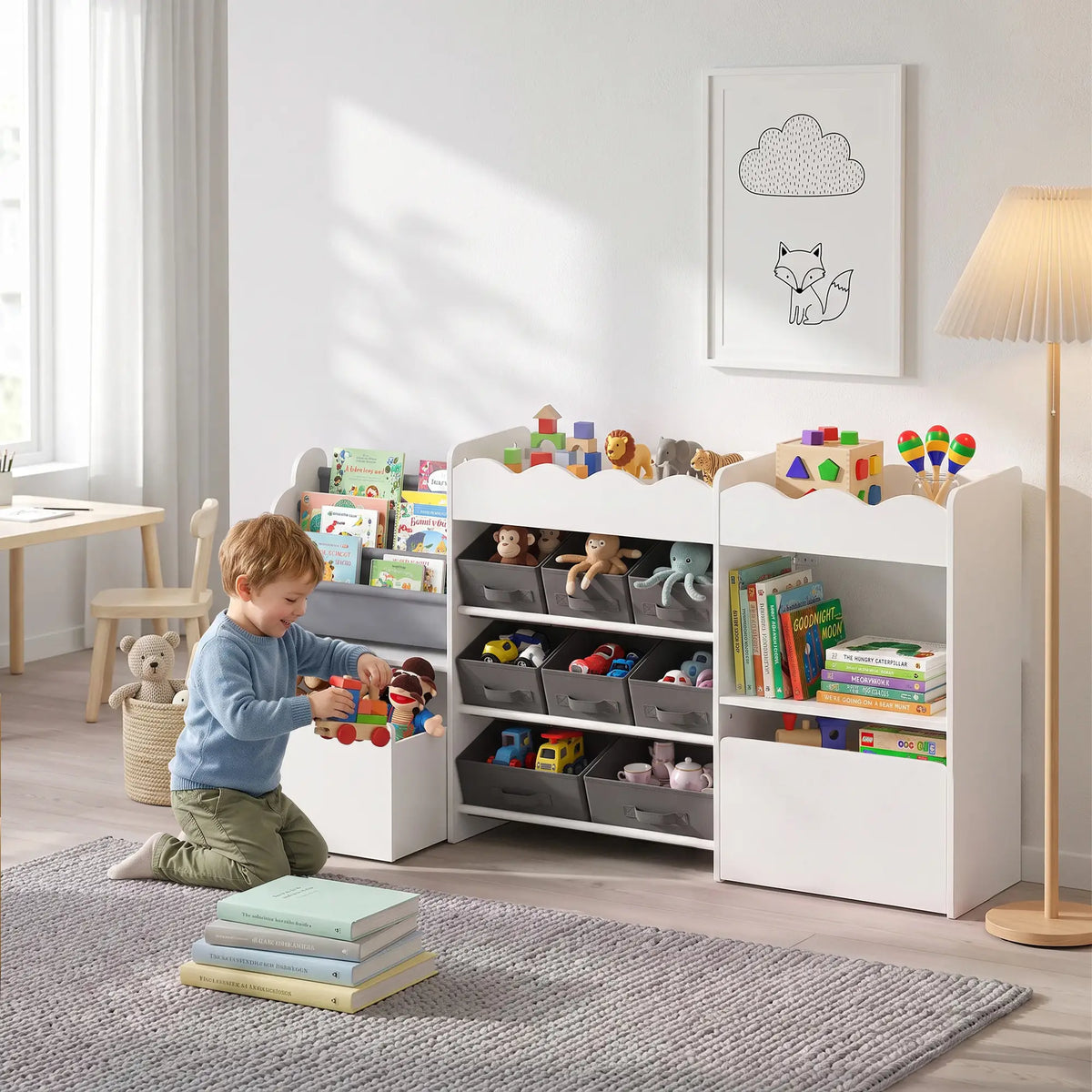 Kids Toy Storage Organizer, Bookshelf with 8 Fabric Bins, 2 Rolling Drawers, White Bookshelves & Bookcases at Gallery Canada