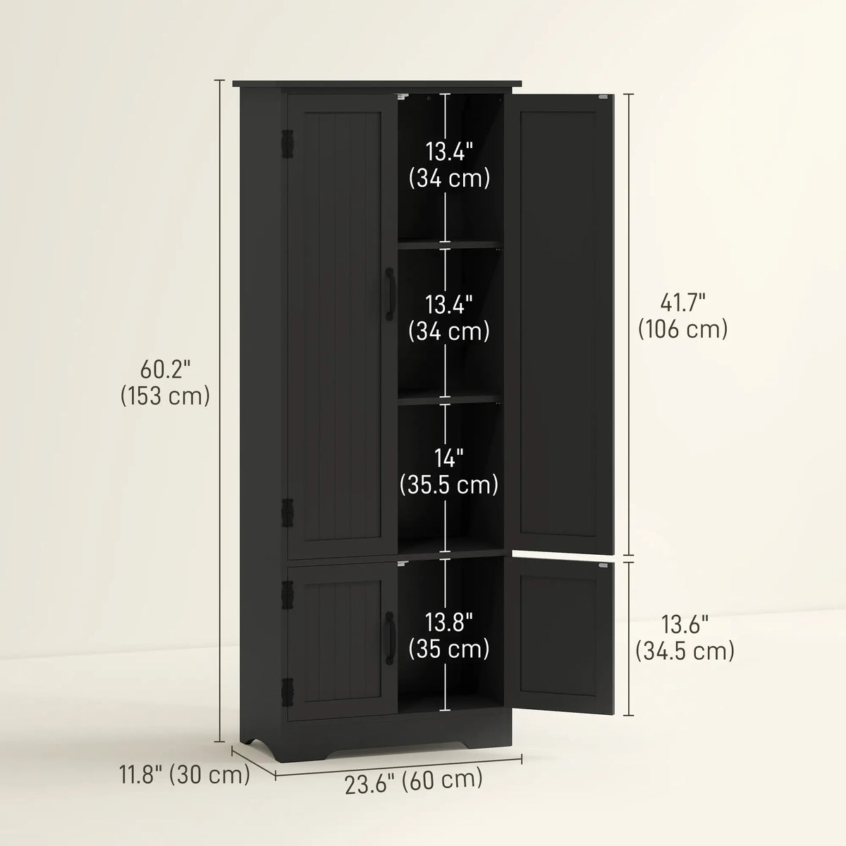 60 Inch 4-Door Storage Cabinet, Adjustable Shelves, Black Kitchen Pantry Cabinets at Gallery Canada