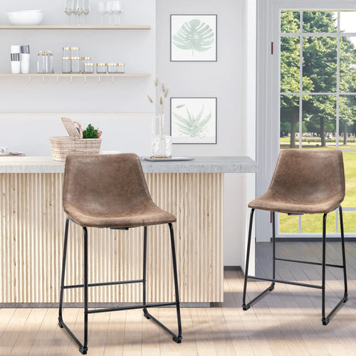 Vintage PU Leather Bar Stools, Set of 2, Counter Height, Brown
