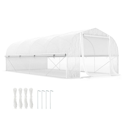 19.5' x 10' x 6.6' Tunnel Greenhouse, Roll-up Mesh Sidewalls, Mesh Door, Galvanized Steel, White Tunnel Greenhouses White at Gallery Canada