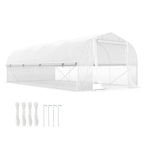 19.5' x 10' x 6.6' Tunnel Greenhouse, Roll-up Mesh Sidewalls, Mesh Door, Galvanized Steel, White