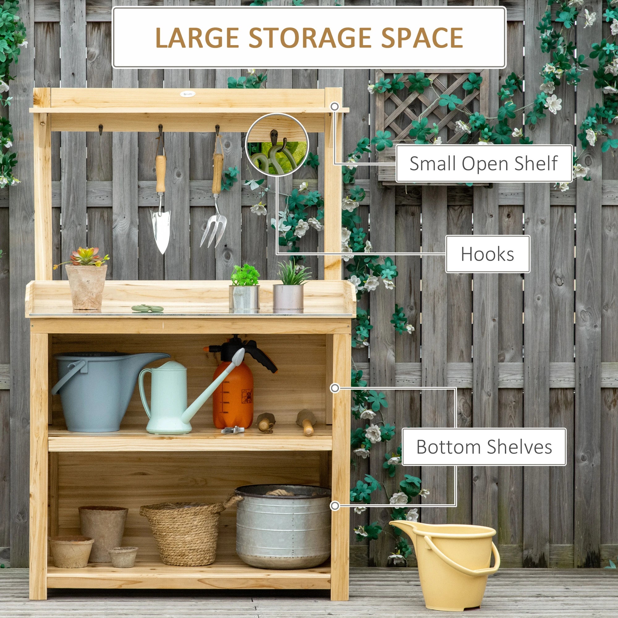 Wooden Potting Bench, Galvanized Metal Tabletop, Storage Shelves, Hooks Potting Benches & Tables at Gallery Canada
