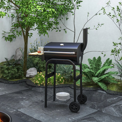 Charcoal BBQ Grill With Thermometer, Shelves, Wheels, Black