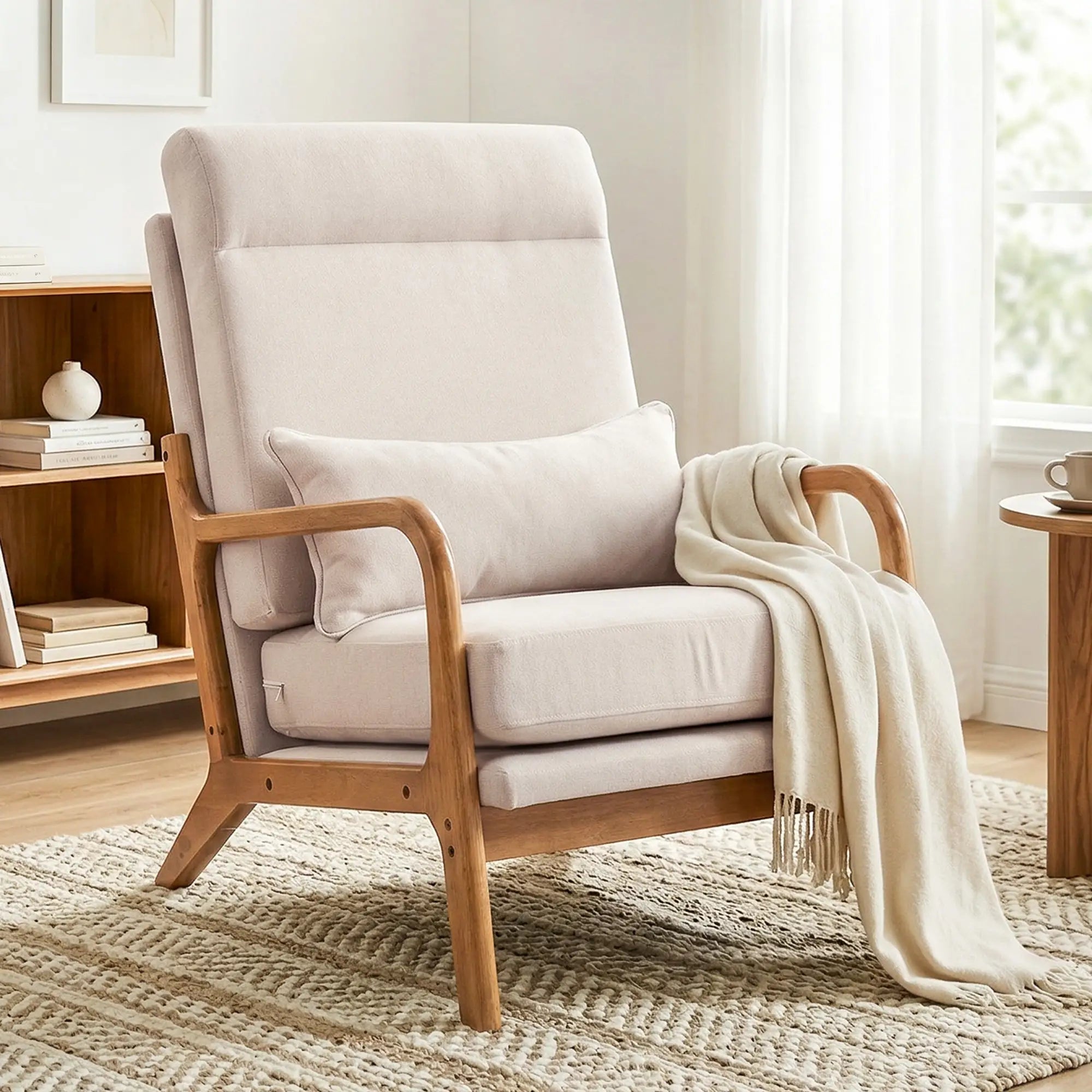 Modern Accent Chair, Linen Armchair with Lumbar Pillow, High Back, Wide Seat, Thick Cushion, Solid Wood Frame, Cream White Accent Chairs at Gallery Canada