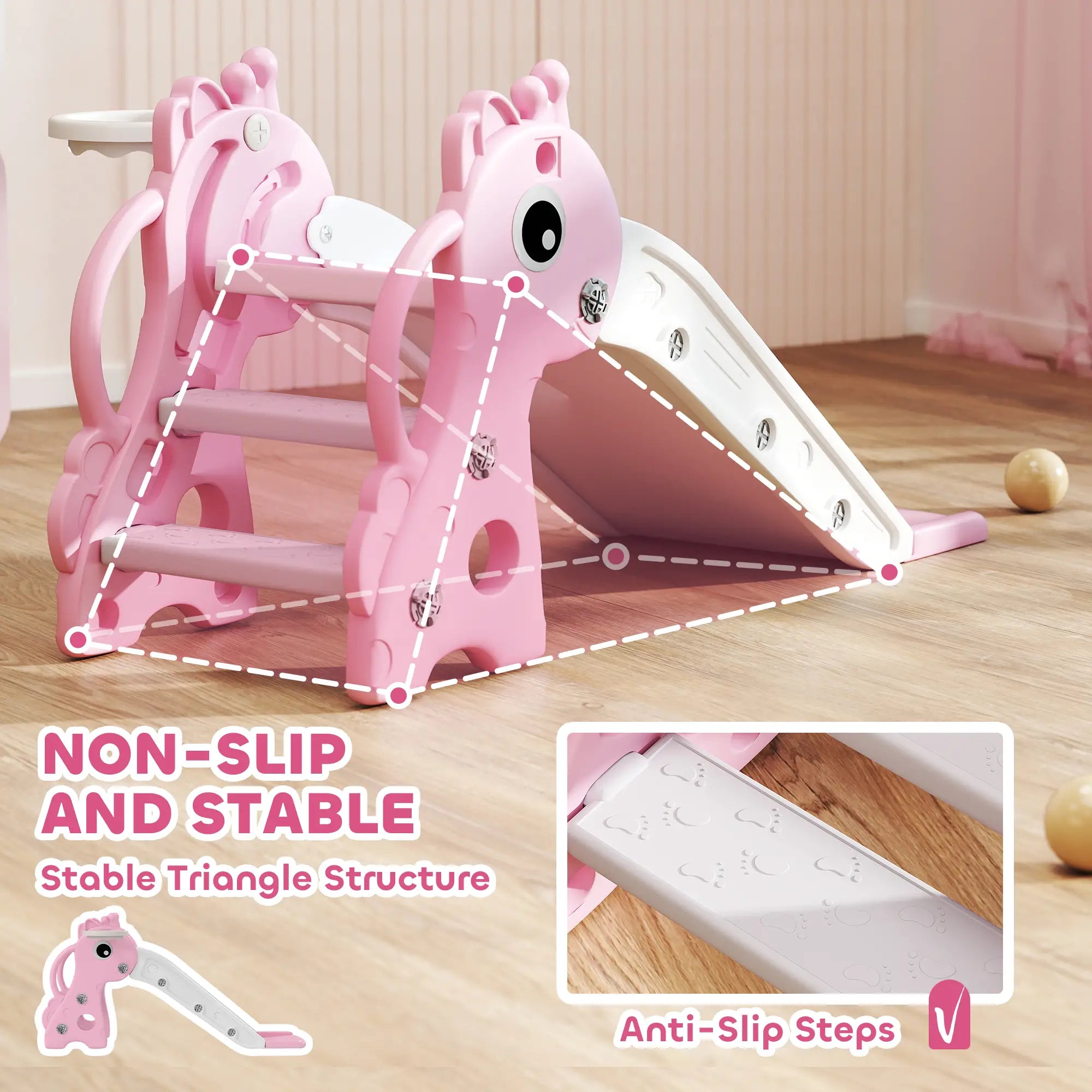3 in 1 Toddler Slide, Climber, Basketball Hoop, Giraffe Design, Pink Gym Sets & Swings at Gallery Canada