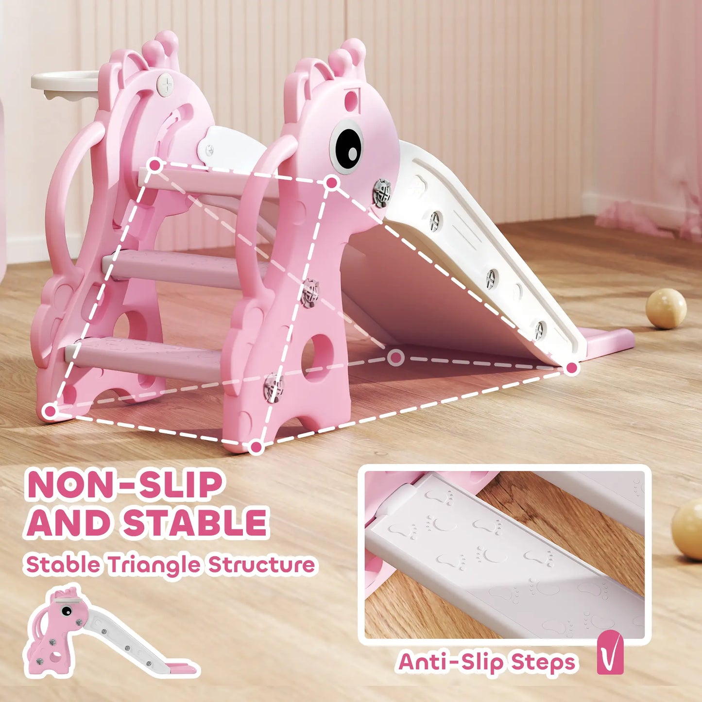 3 in 1 Toddler Slide, Climber, Basketball Hoop, Giraffe Design, Pink Gym Sets & Swings at Gallery Canada