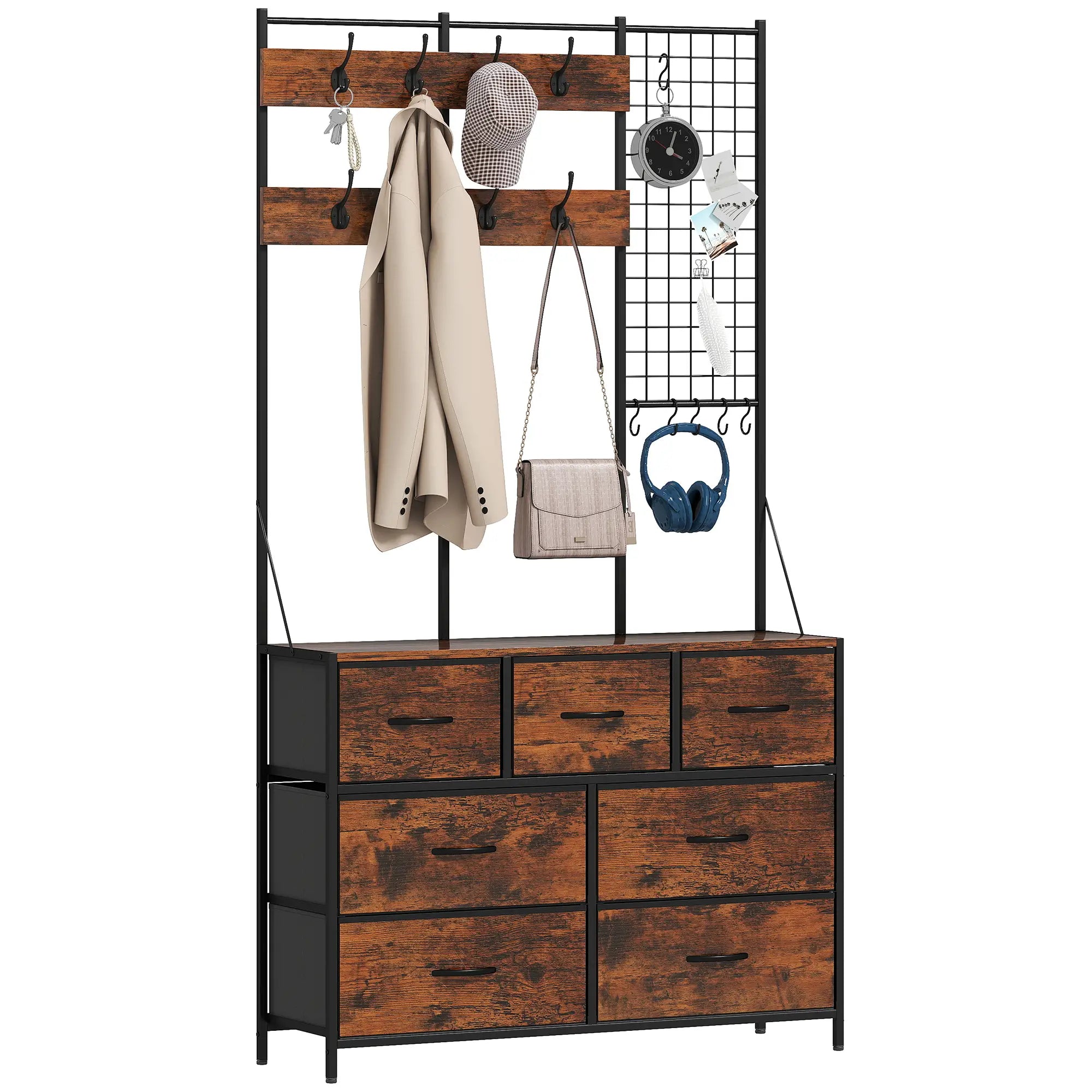 4-In-1 Coat Rack, 7 Drawer Fabric Dresser, Hall Tree 14 Hooks, Rustic Brown Clothing Storage at Gallery Canada