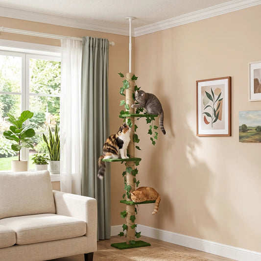 4-Tier Floor to Ceiling Cat Tree, Height 80-95Inches, Multi-Layer Activity Centre Floor to Ceiling Cat Trees Green and Yellow at Gallery Canada