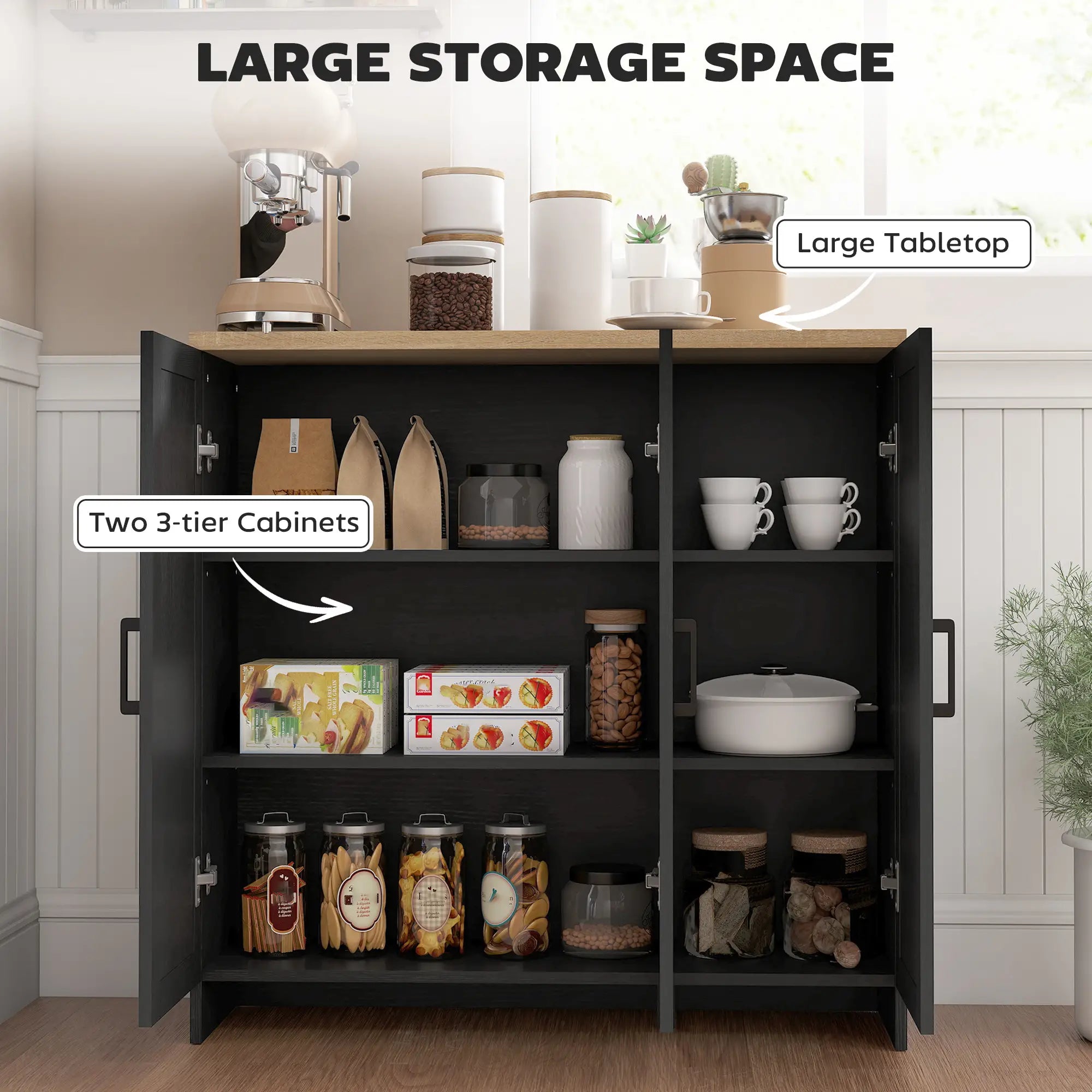 Modern Sideboard Buffet Cabinet, 3 Doors Adjustable Shelves, Black Kitchen Pantry Cabinets at Gallery Canada