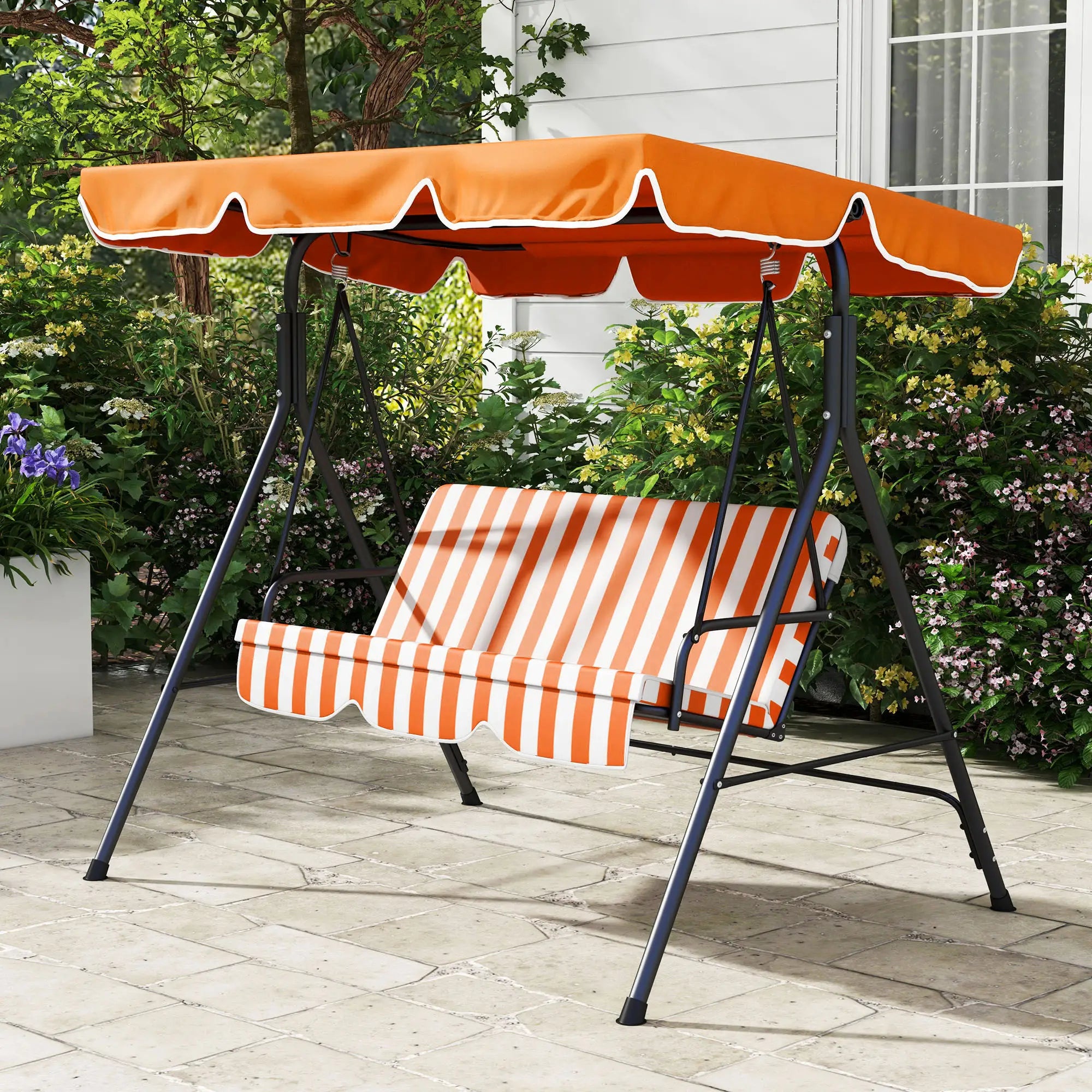 3-Seater Outdoor Porch Swing, Adjustable Canopy, Orange Patio Swings with Stand at Gallery Canada