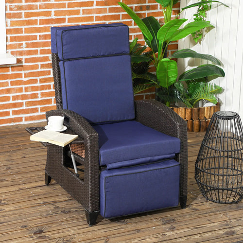 Outdoor Recliner Chair, Adjustable Backrest, Cushion, Side Tray, Blue