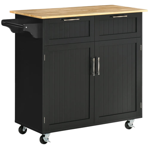 Rolling Kitchen Island, Cart with 2 Drawers, 2 Door Cabinets, Towel Rack, 2-Doors, Black