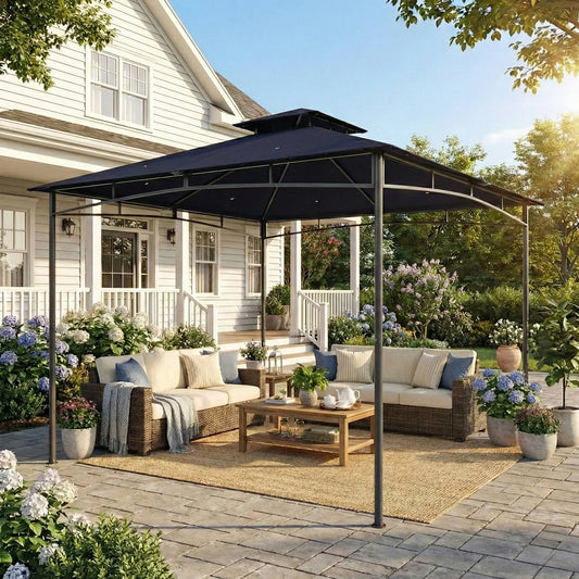 10' x 10' Gazebo, Soft Top, 2-Tier Roof, Metal Frame, Navy Blue Gazebos Navy Blue at Gallery Canada
