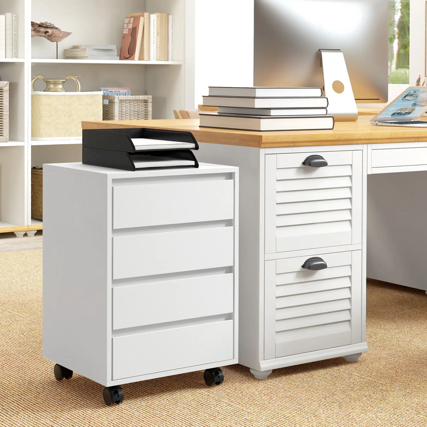 4 Drawer File Cabinet, Vertical Filing with Wheels, Printer Stand, White Office Cabinets & Cupboards at Gallery Canada