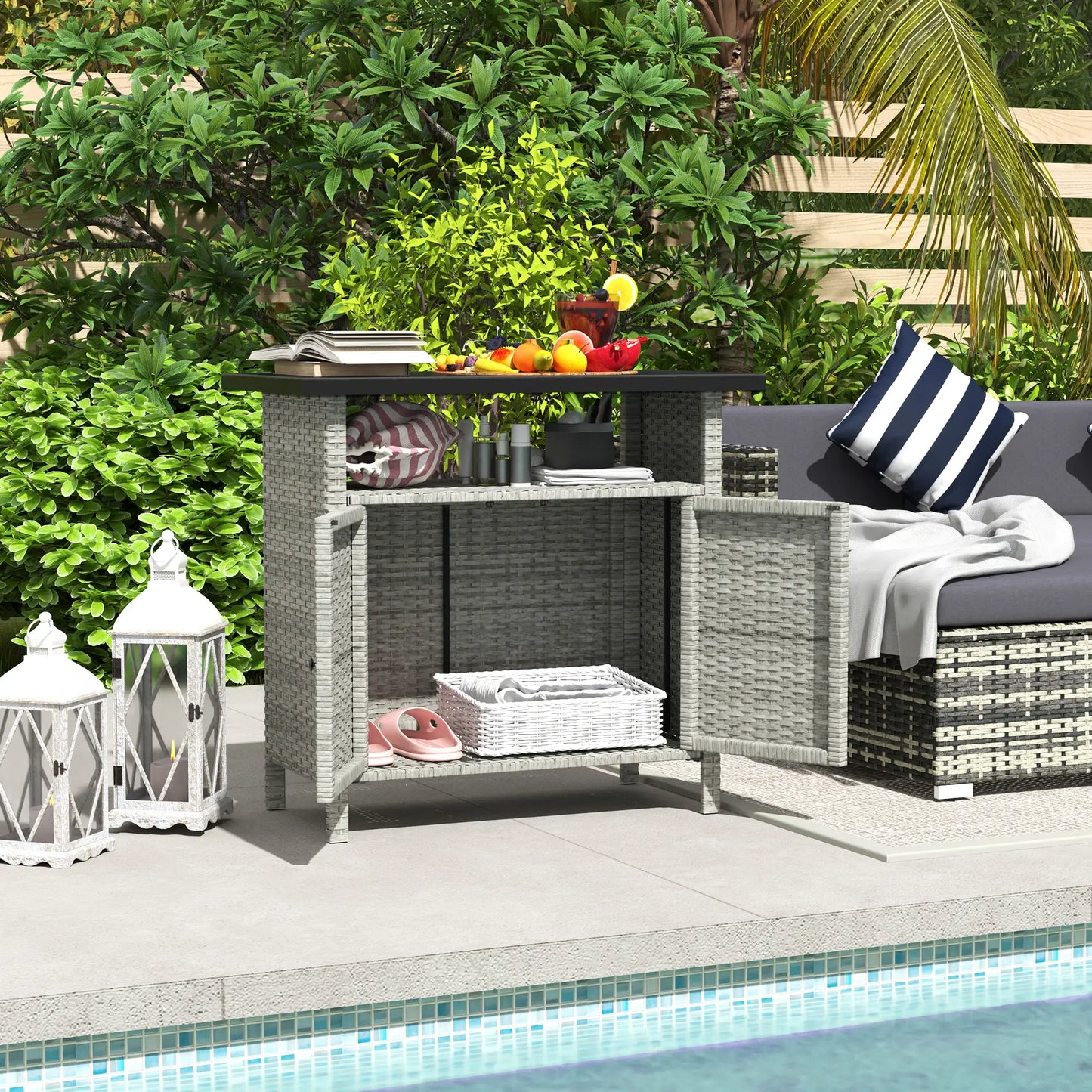 Outdoor Wicker Storage Cabinet, Two Doors, Shelf, Grey Patio Storage Boxes at Gallery Canada