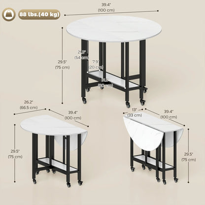 Folding Drop Leaf Table, White Marble, Open Shelf, Rolling Kitchen Table, White Dining Tables at Gallery Canada