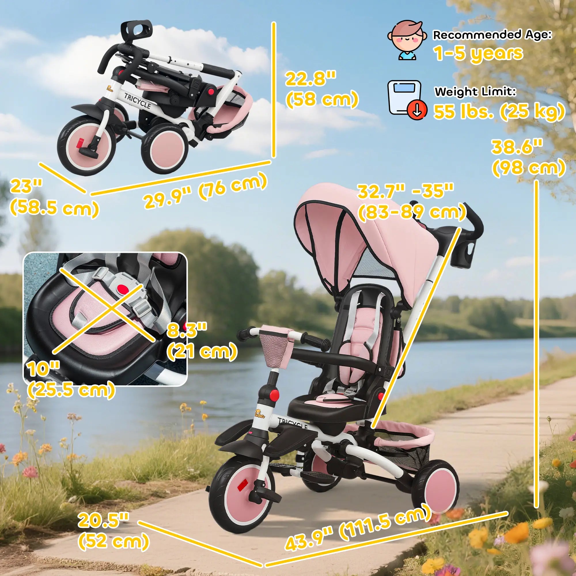 6 in 1 Toddler Tricycle, Push Handle, Removable Canopy, Rotatable Seat, Pink Tricycles for Kids at Gallery Canada