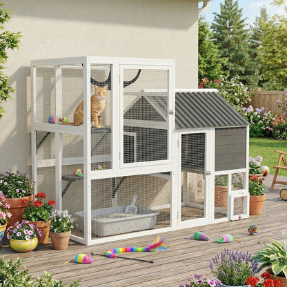 Large Catio, 63" L Outdoor Cat House with 4-Way Door, Hammock, 2 Platforms Outdoor Cat Enclosures at Gallery Canada