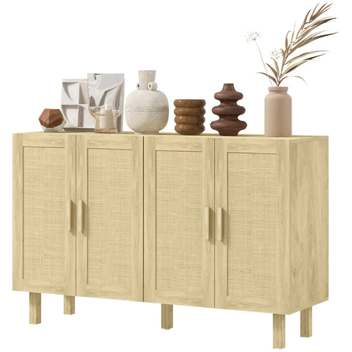 Boho Sideboard Cabinet, 4 Rattan Doors, Adjustable Shelves, Natural