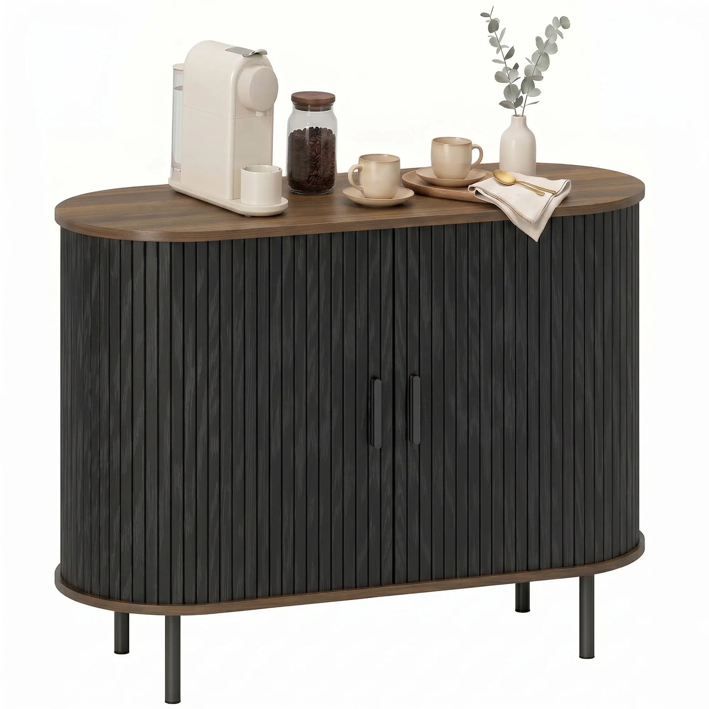 Wood Grain Sideboard With Curved Tambour Doors, Brown Storage Cabinets at Gallery Canada