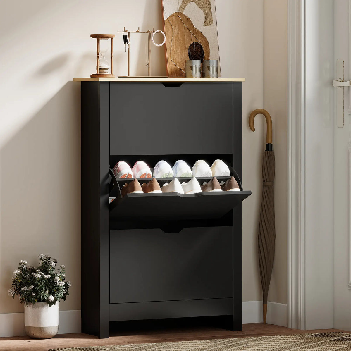Shoe Storage Cabinet, 3 Flip Drawers, Adjustable Shelves, Black Shoe Storage Cabinets & Racks at Gallery Canada