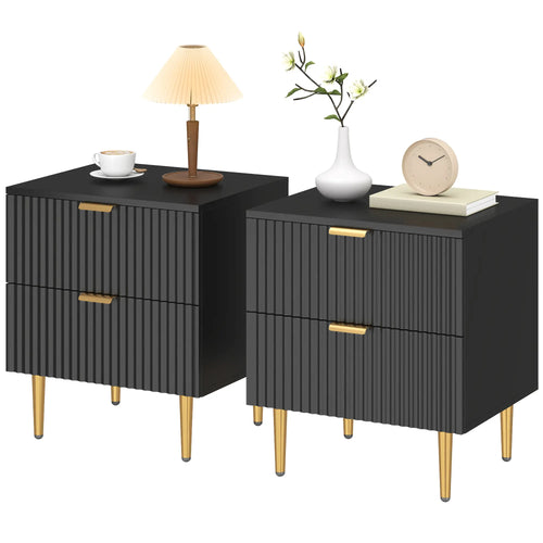Modern Nightstand Set of 2, 2 Drawers, Metal Legs, Black