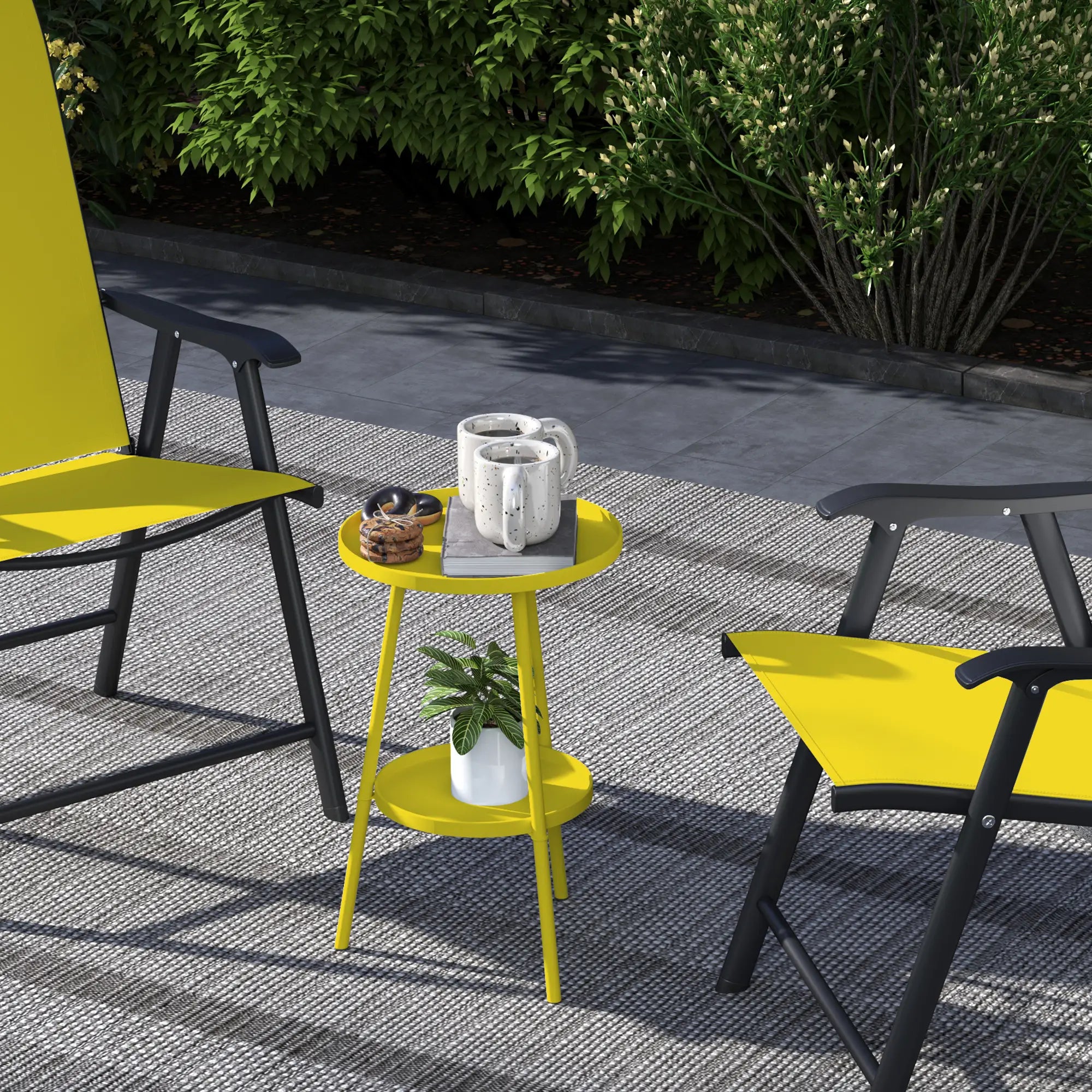 Round Garden Table, 2-Tier Small Side Table, Metal Patio Table, Yellow Patio Side Tables at Gallery Canada
