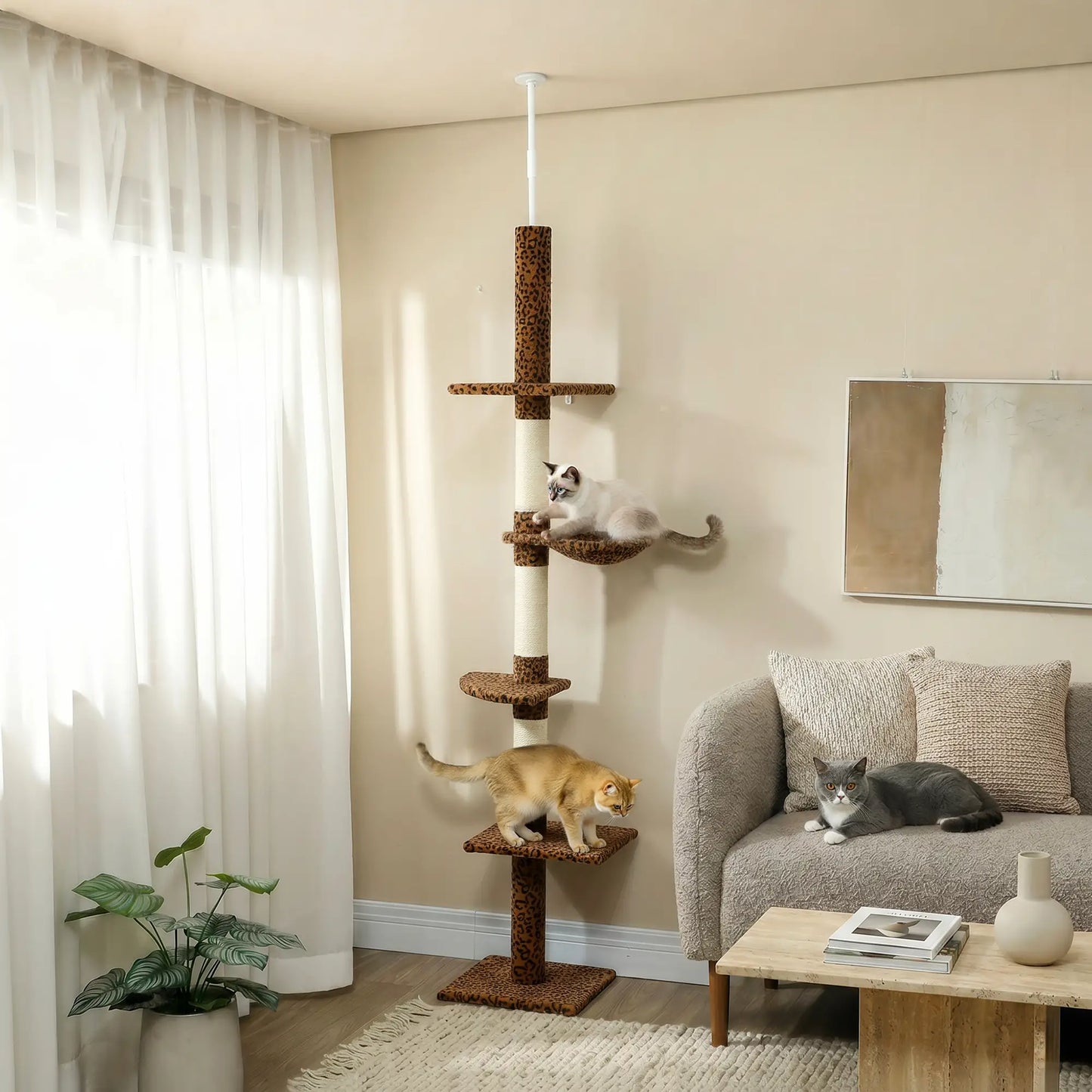 8.5ft Cat Tree 5-Tier Kitty Activity Center With Scratching Post, Leopard Print Floor to Ceiling Cat Trees at Gallery Canada